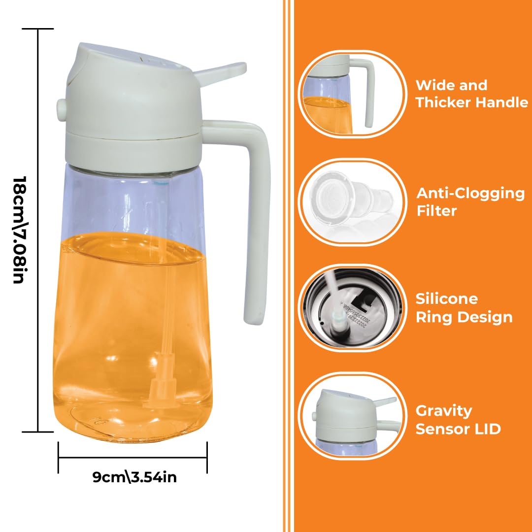 2 in 1 Olive Oil Sprayer & Dispenser - Easy Clean Premium 16oz/470ml Glass Oil Bottle, Food-Grade Oil Sprayer for Cooking, Air Fryer, BBQ, Salad, Baking, and More Kitchen Uses (White)