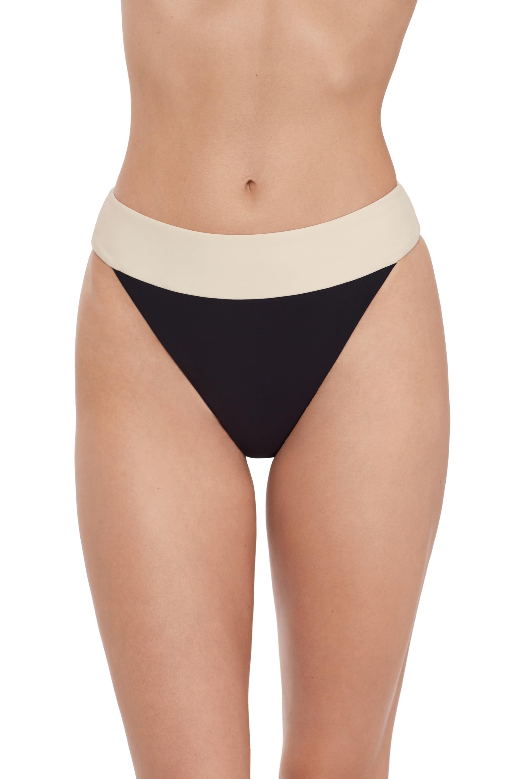 Steve Madden Women's Banded High Leg High Waist Bikini Bottom with Flirty Coverage Medium Black/ Ivory