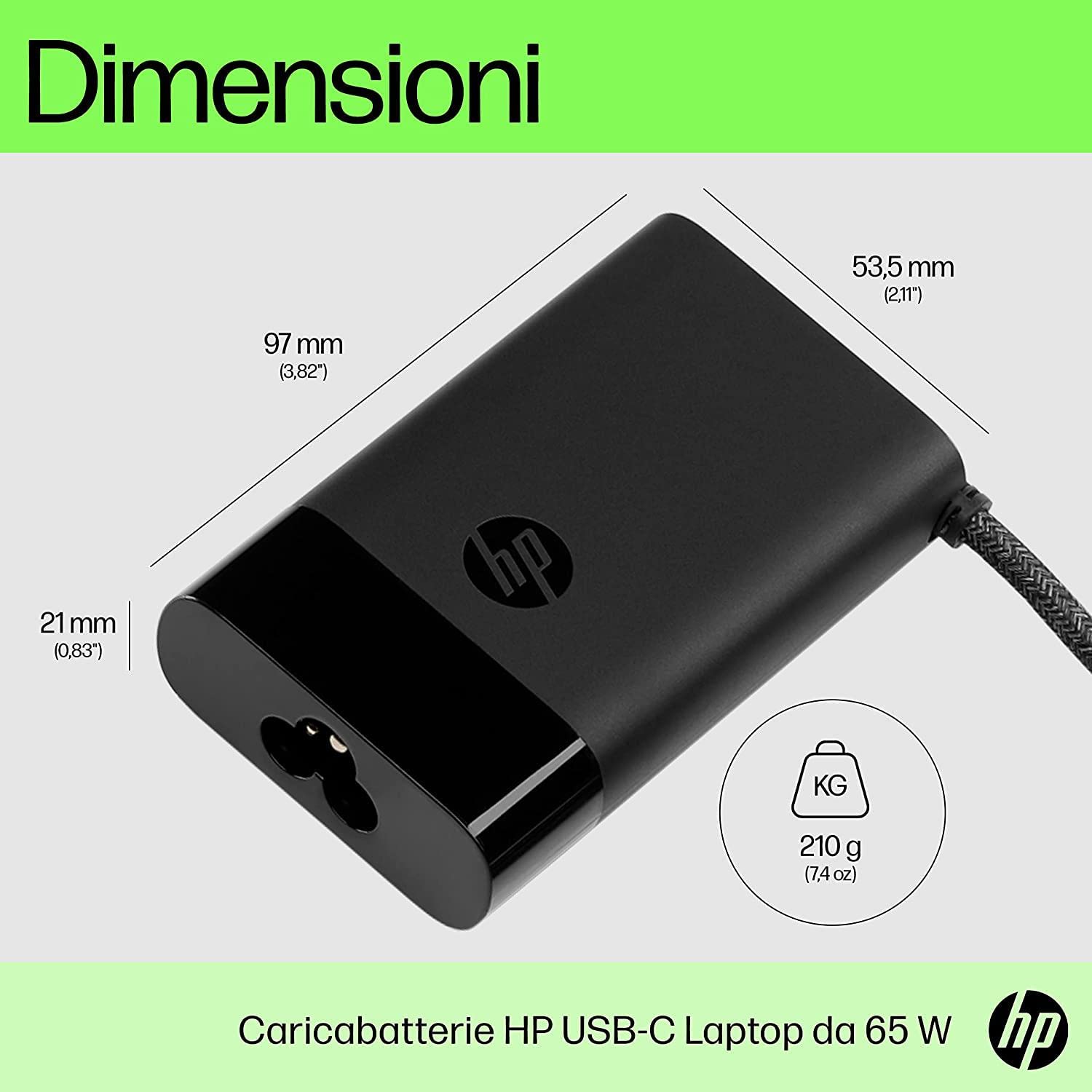 HP Alimentatore Laptop USB-C GaN da 65 W, Compatibile con PC HP dotati di porta USB-C, Nero