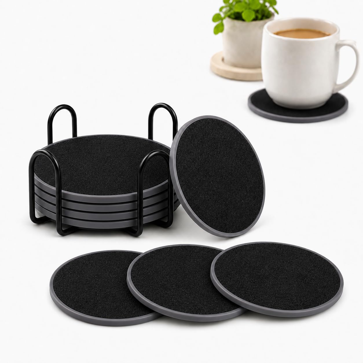 Drink Coasters with Metal Holder, 8 Pcs Absorbent Coasters for Drinks with Holder, Silicone Coffee Table Decor Tabletop Protection, Non-Slip Round Black Drinks Coasters for Home Kitchen Office Bars