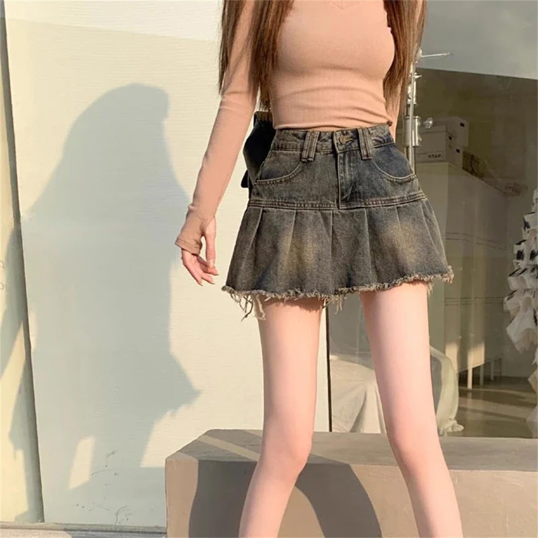 Gonna da donna in denim vintage, plissettata, retrò, casual, linea ad A, streetwear