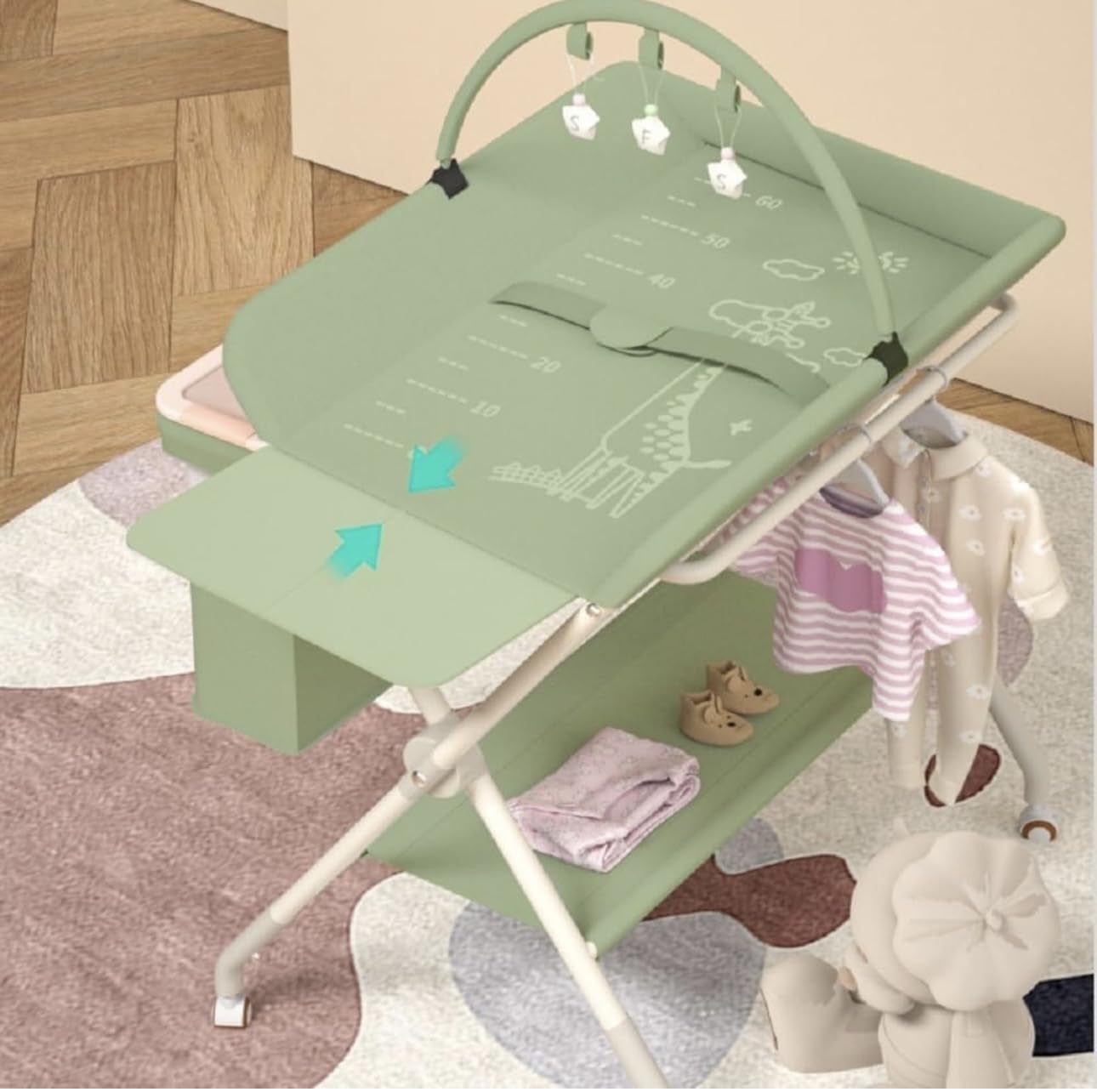 richtots Premium Diaper Changing Table with Scale Pattern, Baby Care, Baby Diaper Changing Table, Rolling Crib, Diaper Changing Table, Baby Rack, 3 Adjustable Levels, Foldable(Color-Grey) - Image 2 thumbnail