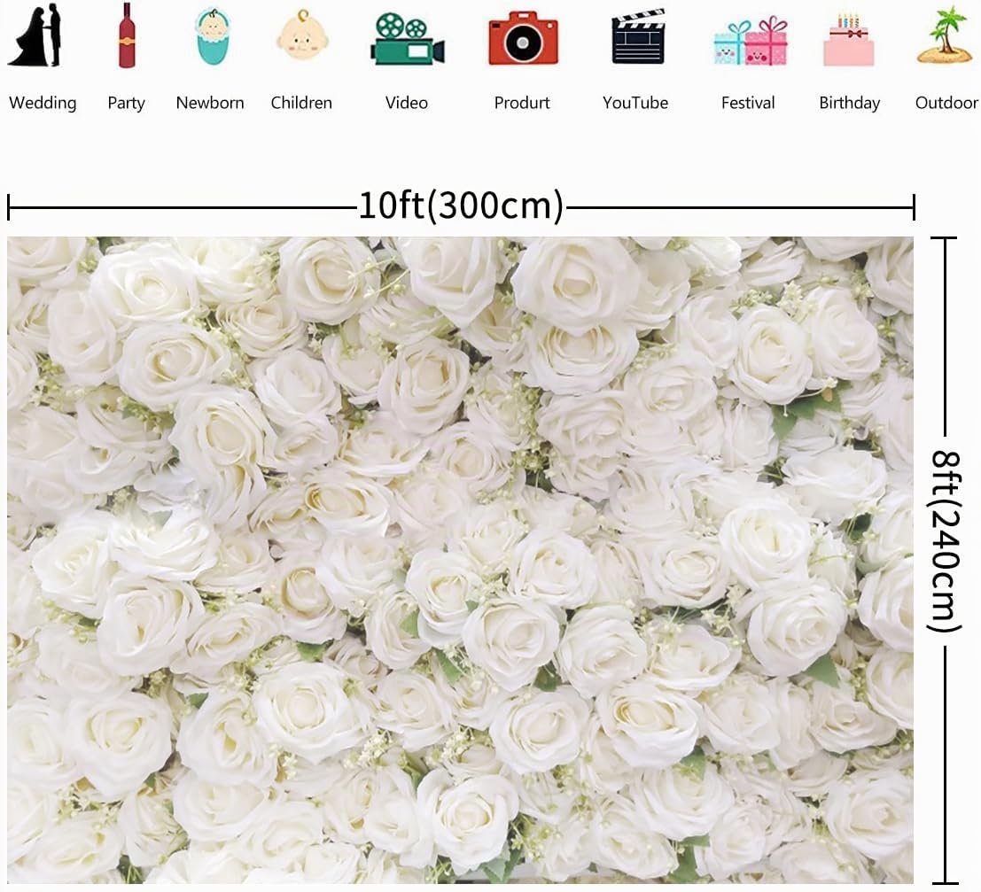 3x2.4m Toile de Fond Murale Fleur Rose Blanche Fond Photographique Filles Fête d'anniversaire Mariage Douceur de Mariage Décorations Portrait Photoshoot Bannière Photo Booth Props