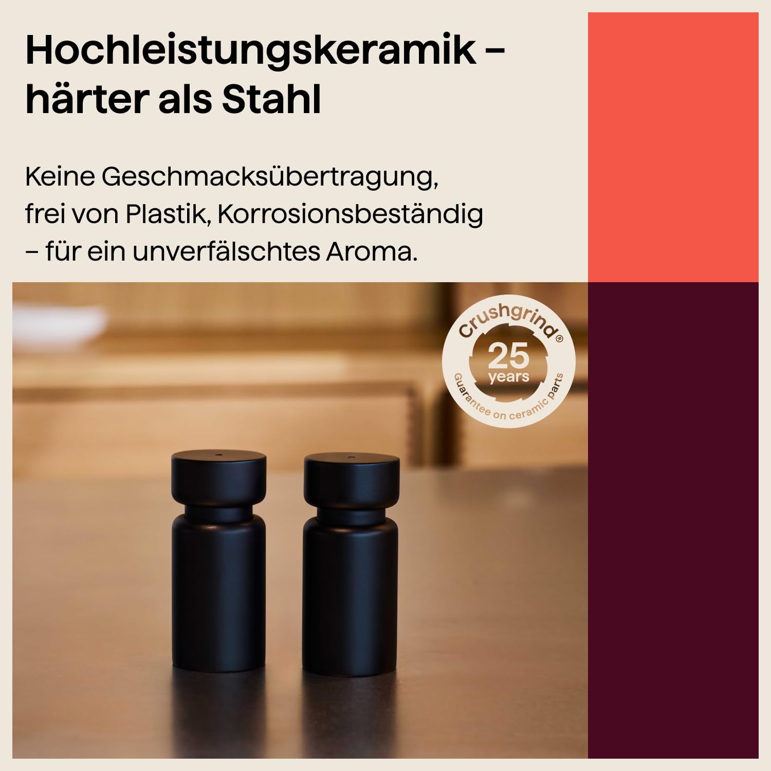 Crushgrind Helsinki Mini Gewürzmühle mit Keramikmahlwerk | 2er Set | Buchenholz | Salz und Peffermühle mit verstellbarem Mahlgrad | aus hochwertigen, nachhaltigen Materialien | 2x Schwarz (110 mm)