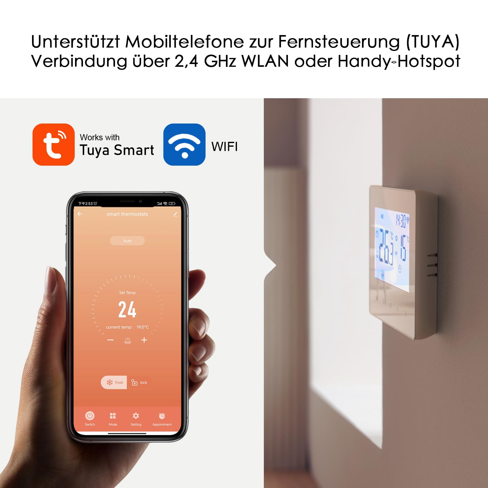 Decdeal WLAN Thermostat Raumthermostat für Wasser Fussbodenheizung,Programmierbar 230v LCD 3A Mit der App Tuya (weiß)