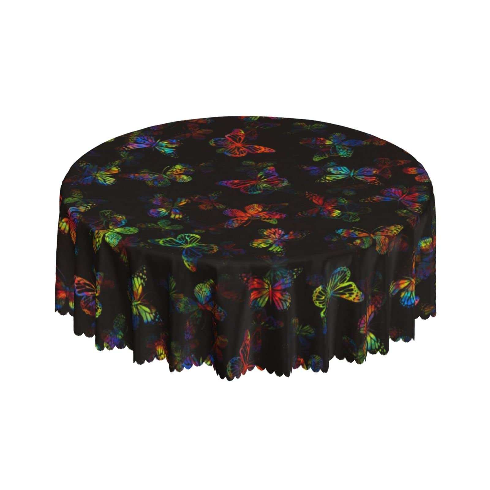 Lsjuee Abstract Rainbow Butterfly Black Round Tablecloth 60 Inch Printed Washable Tablecloth for Dining Party Holiday Fall Home Decorative