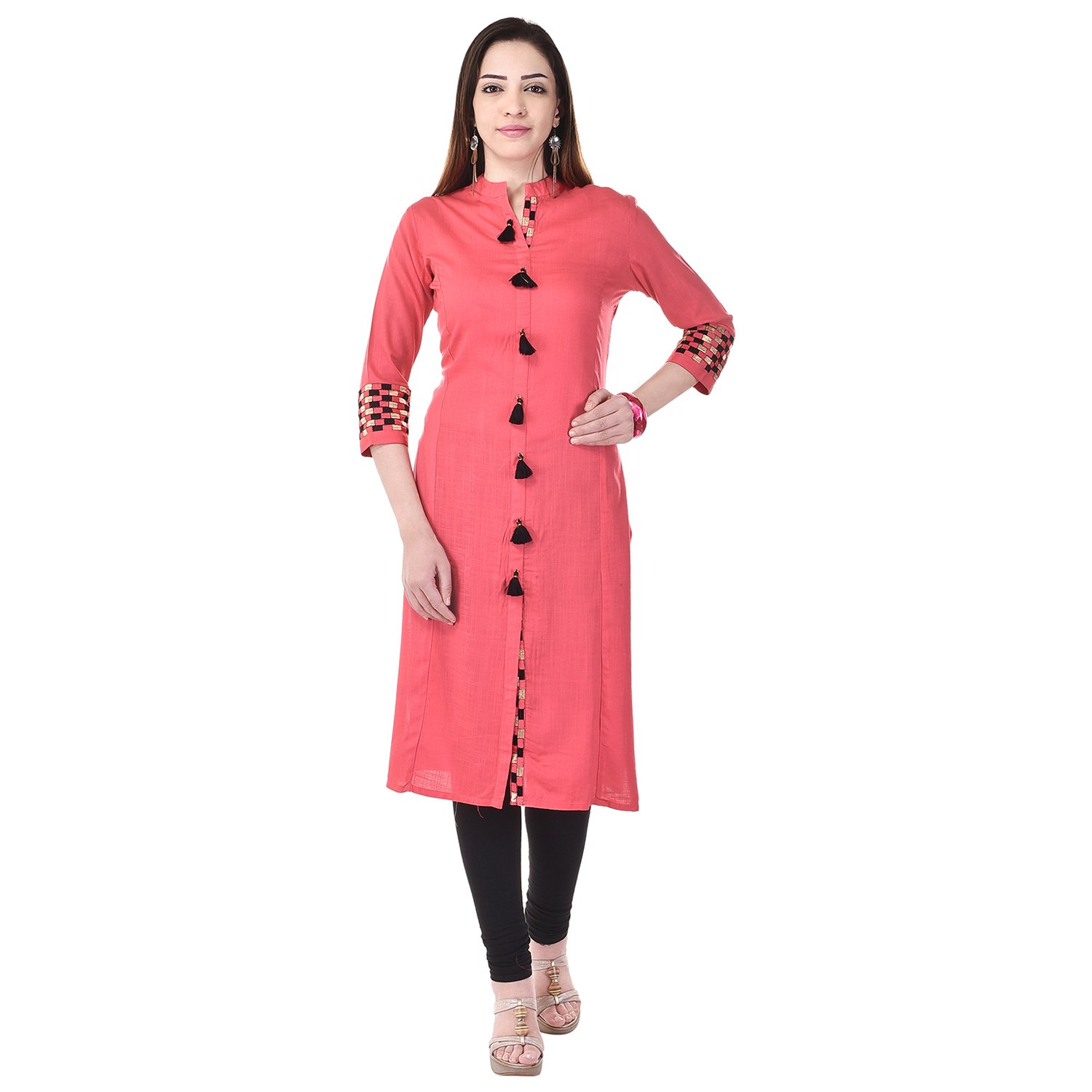 Vaachi Women's Embroidered Regular Fit Straight Cotton slub Kurti Pink