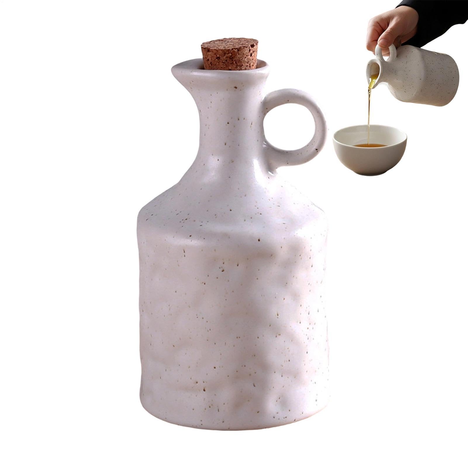 Spizummp Ceramic Olive Oil Dispenser With Cork Stopper, 400ml Ceramic Olive Oil Bottle, Decorative Vinegar Dispenser, Small Leak-proof Pour Spout For Avocado, Vinegar