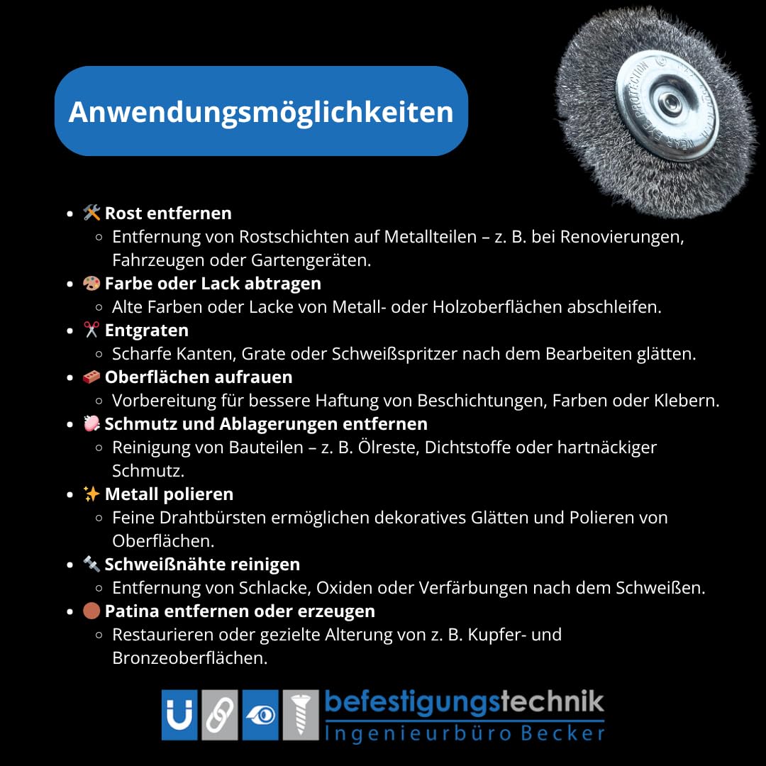 1–60x Drahtbürste 100 mm mit 6 mm Schaft – Stahldraht Scheibenbürste für Bohrmaschine & Akkuschrauber – Rundbürste zur Rostentfernung, Farbentfernung & Metallreinigung (48)