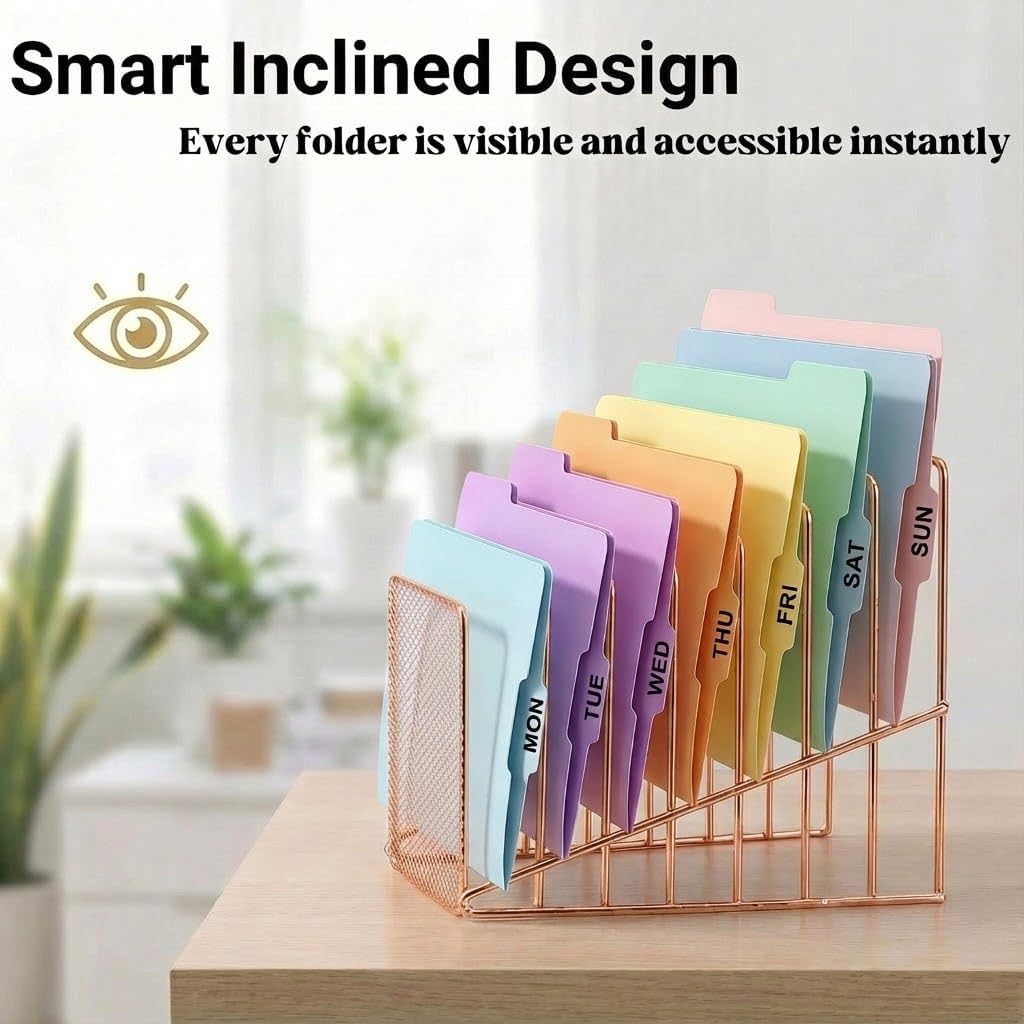 Simmer Stone 2 Pcs Incline File Sorter, 7 Slot Magazine Holder for Letter, Document, Folder and Book, Metal Desktop Organizer Rack for Home, School and Office (2-rose gold)
