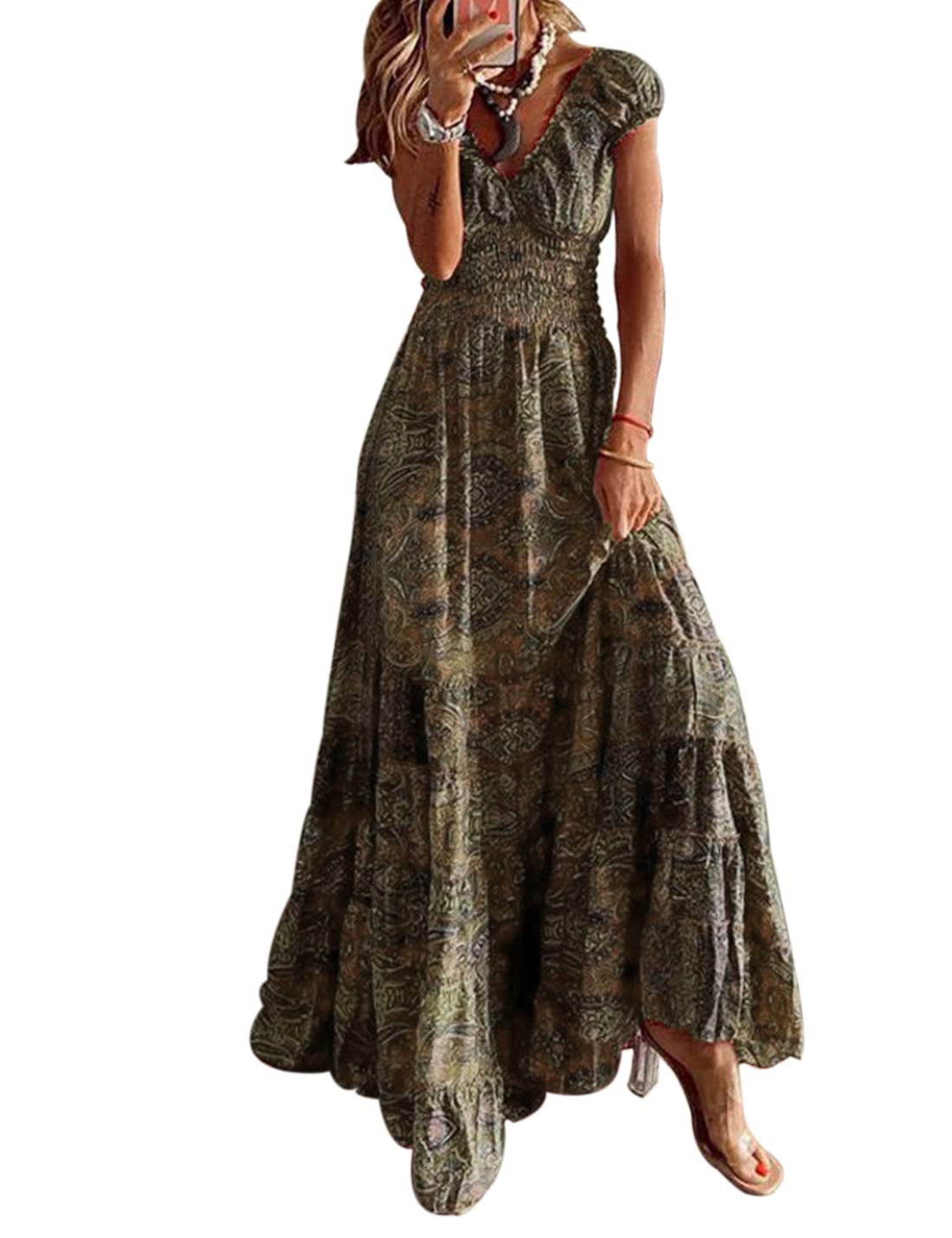 ABYOVRT Vestido Mujer Bohemio Largo Verano Cuello en V Manga Corta Floral Maxi Vestidos Cóctel Falda Larga Chic de Noche Playa Fiesta Vacaciones