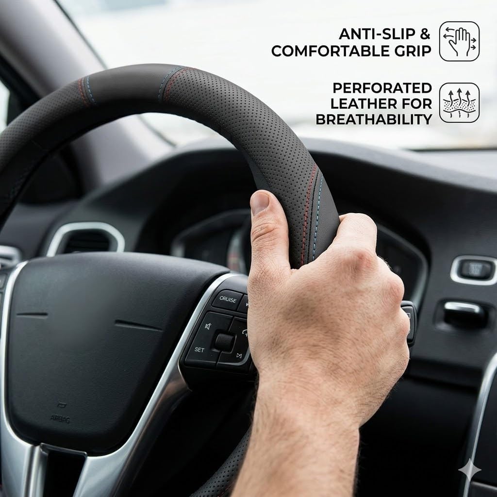Nappa Leather Car Steering Wheel Cover, Slim Black Case 14.5-15 Inch | Premium Soft Nappa Leather with Fine Grip Texture Ultra-Thin Natural Rubber Inner Lining Fits 14.5 to 15 Inch Wheels