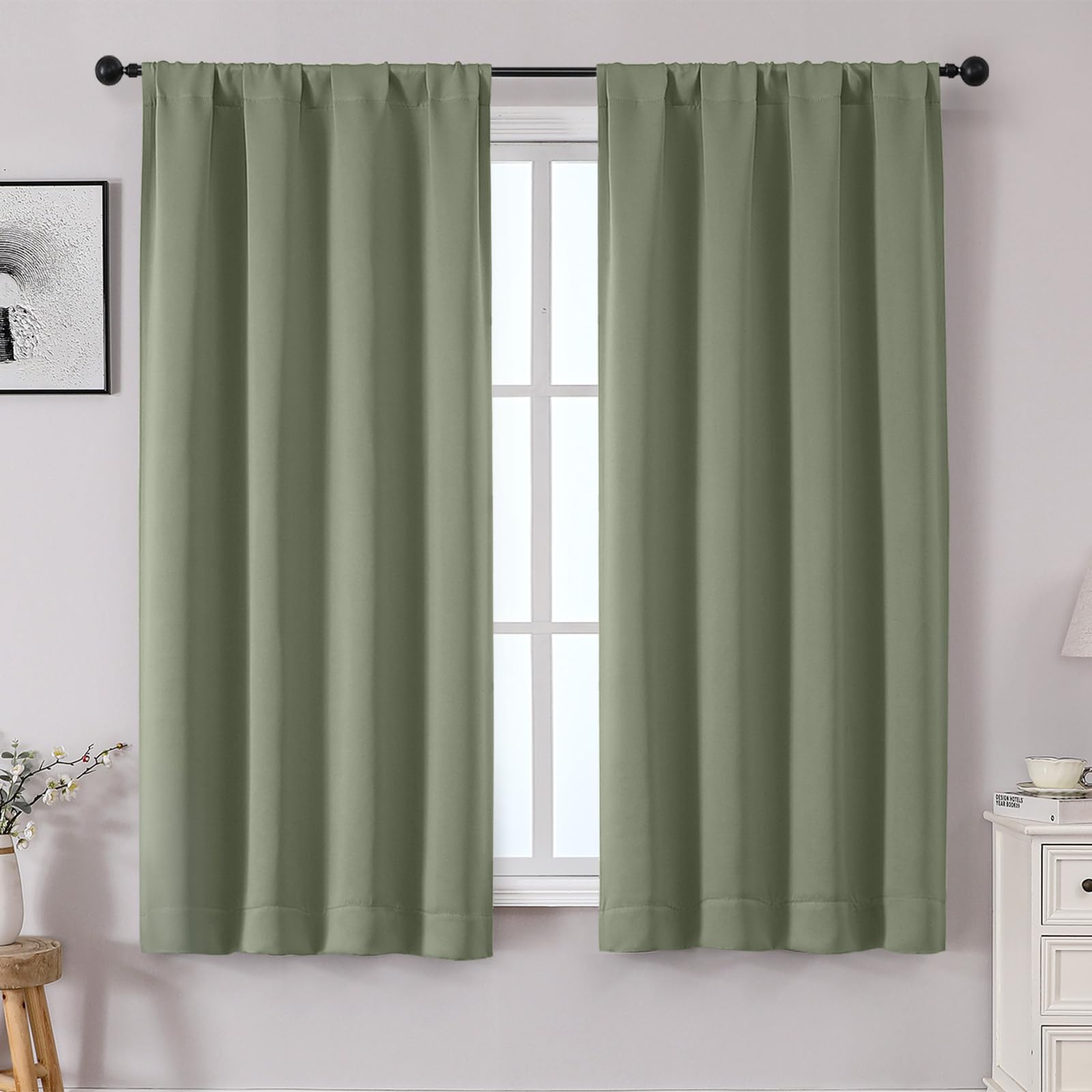 OWENIE Sally Sage Green Blackout Curtains for Bedroom 63 Inch Length 2 Panels Set, Solid Thermal Insulated Room Darkening Rod Pocket Window Treatment Curtains Drapes, W40 x L63 Inch, Sage Green