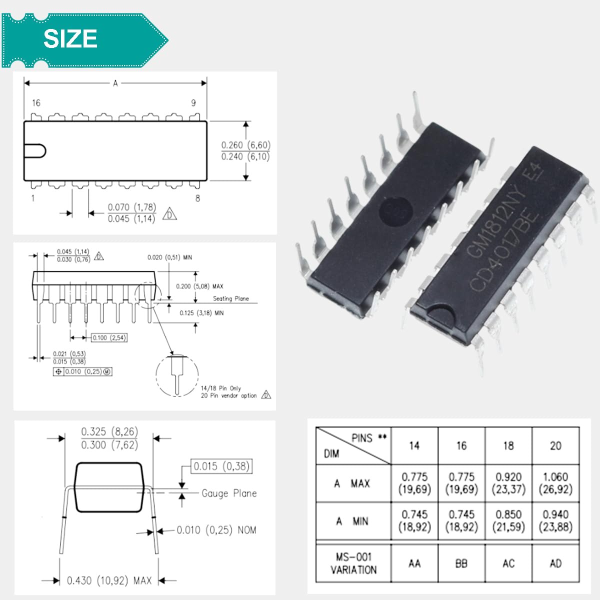 CD4017BE Contatore DIP Contatore IC Contatore decadale CMOS CD4017 Divisore DIP-16 Controllore con zoccolo DIP-16 IC per Arduino Esperimento elettronico fai da te(confezione da 20)