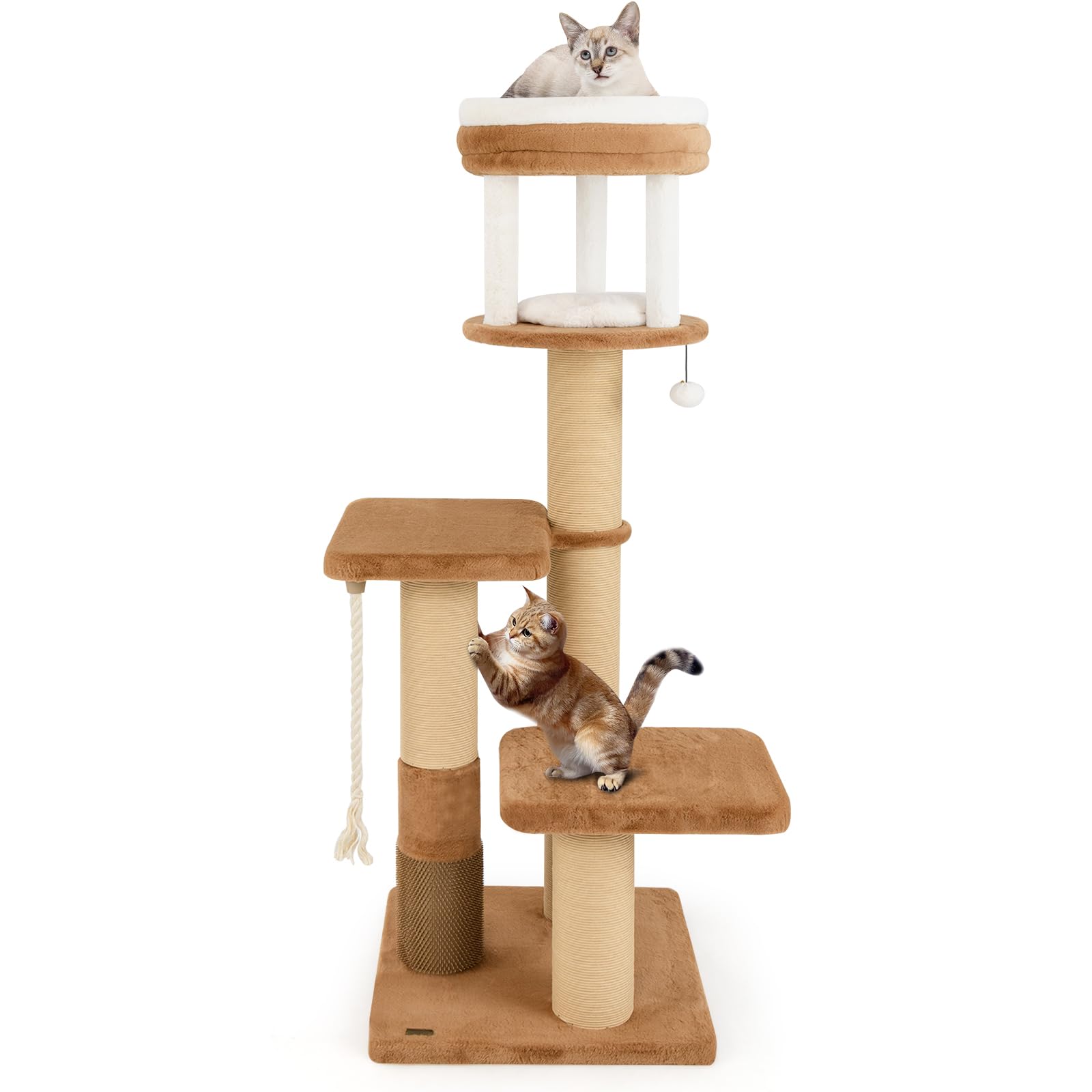 COSTWAY Tiragraffi per Gatto Alto 165 cm, Albero Tiragraffi Gatto con 4 Piattaforme, 4 Pali Sisal, Spazzola, Corda e Palla Pompon, Torre Tiragraffi per Gatti Imbottito Rimovibile, Caramello