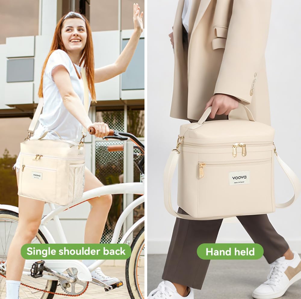 Voova Stackable Stainless Steel Thermal Lunch Box with Lunch Bag for Women Men Adult, 2 Tier Leakproof & Microwave Safe Insulated Bento Boxes Food Container for Work, Beige