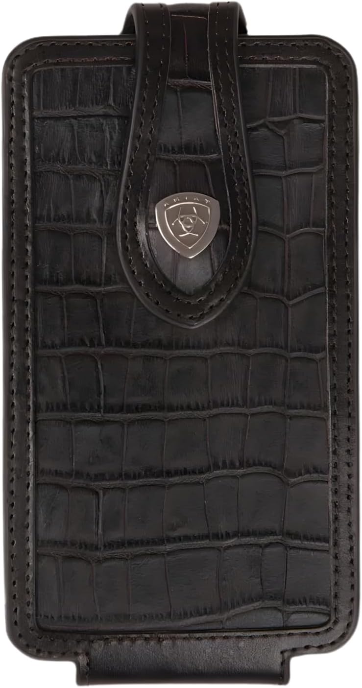 ARIAT Crocodile Double Stitch Concho Leather Cell Phone Case – Fits iPhone 17/16/15 Pro Max, Galaxy S25/S24/S23 Ultra, Pixel 9 Pro XL | Chocolate Trim | Magnetic Flap | 360° Belt Clip | Black, Large