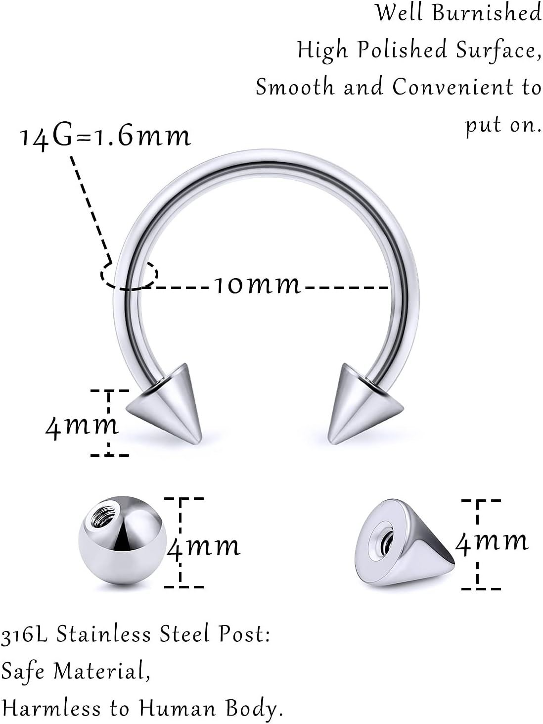 16G 14G Surgical Steel Septum Rings Nose Septum Horseshoe Hoop Lip Smiley Piercing Jewelry Eyebrow Ring Daith Earrings Replacement Ball and Spike Set - Image 2