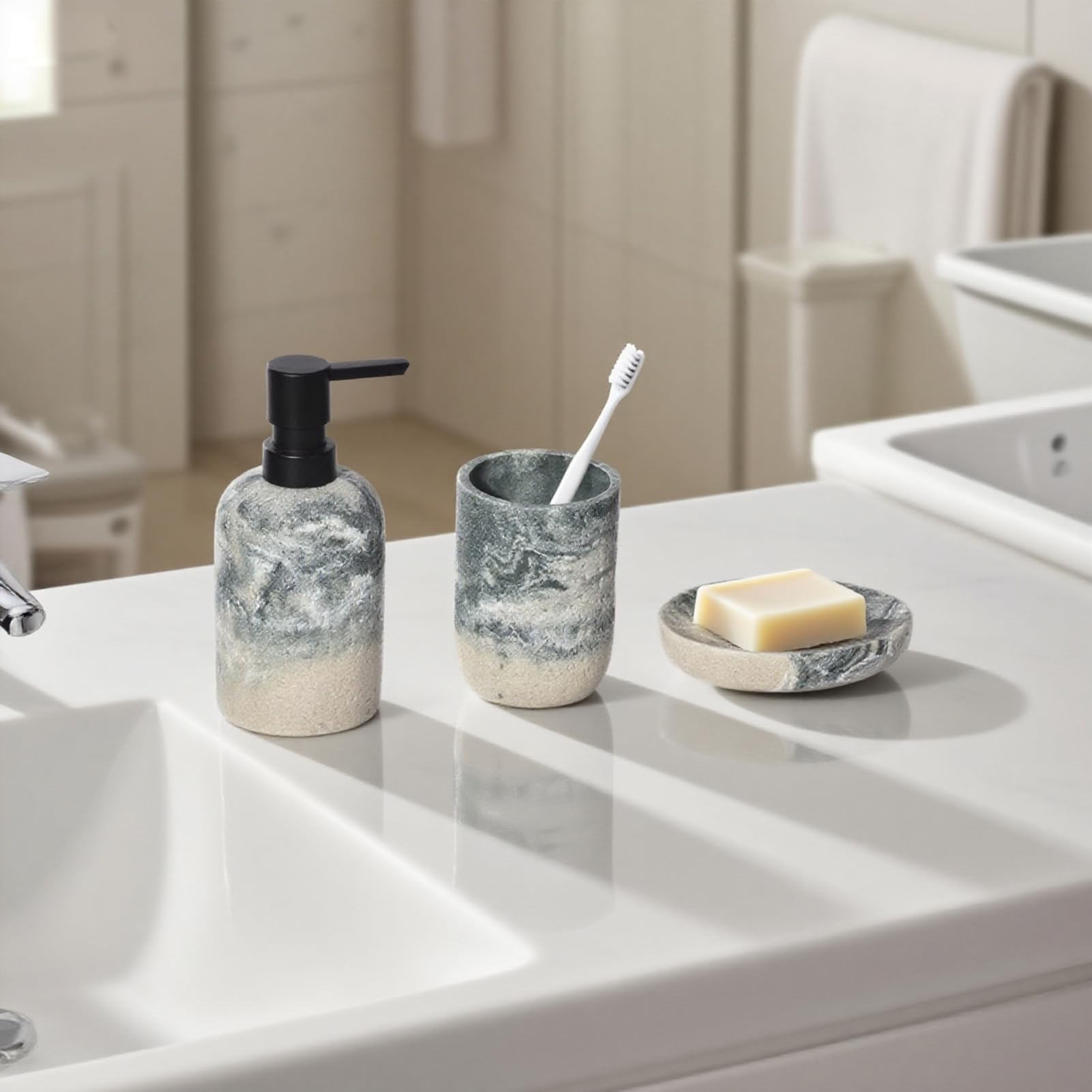 Badezimmer Set, 3 Teile Bad Set aus Seifenspender, Seifenschale u. Zahnbürstenhalter, Harz-Badezimmer-Sets 3 Stück (Grau-Grün)