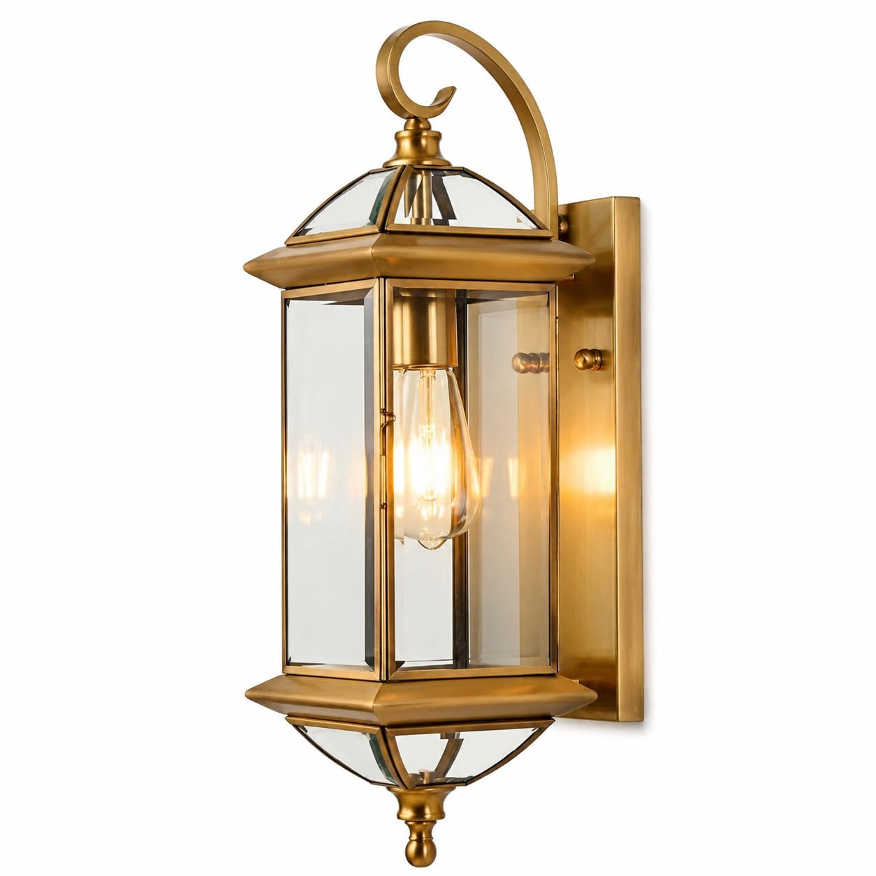 THJHLG Outdoor Wall Lantern, Solid Copper Exterior Wall Light with Satin Brass Finish, 43/47 cm Porch Light with Clear Bevelled Glass, Classic Wall Sconce for Front Door, Patio & Garage, E27