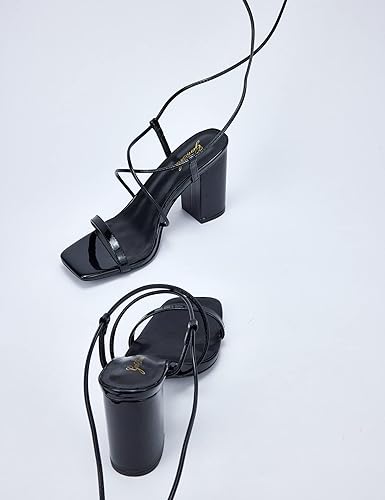 Miniatura 5 de GENSHUO Sandalias de punta cuadrada para mujer, con cordones, tacones altos y gruesos, sandalias de tiras de tacón de bloque, envoltura al tobillo,