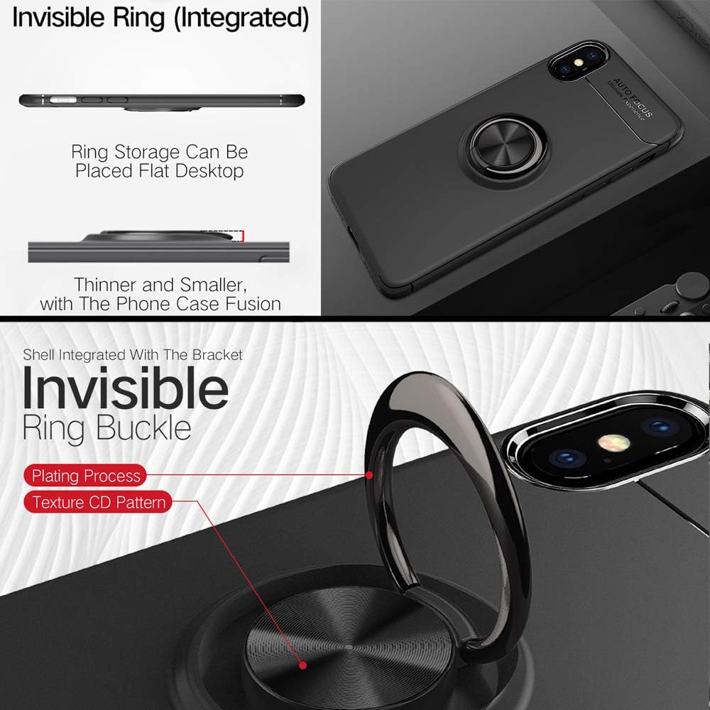 NALIA 360° Holder Ring Case Compatible with iPhone X XS, Slim-Fit Protective Smart-Phone Back-Cover for Magnetic Car Mount, Thin Shockproof Kickstand Silicone Protector Bumper Skin, Color:Black