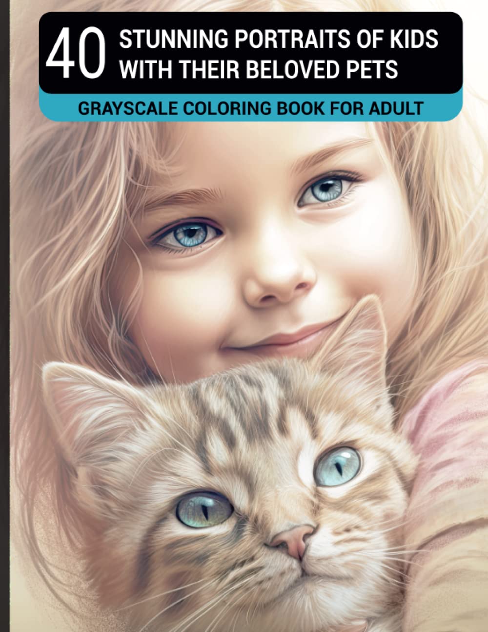 40 Stunning portraits of kids with their beloved pets: Grayscale Coloring Book for Adult