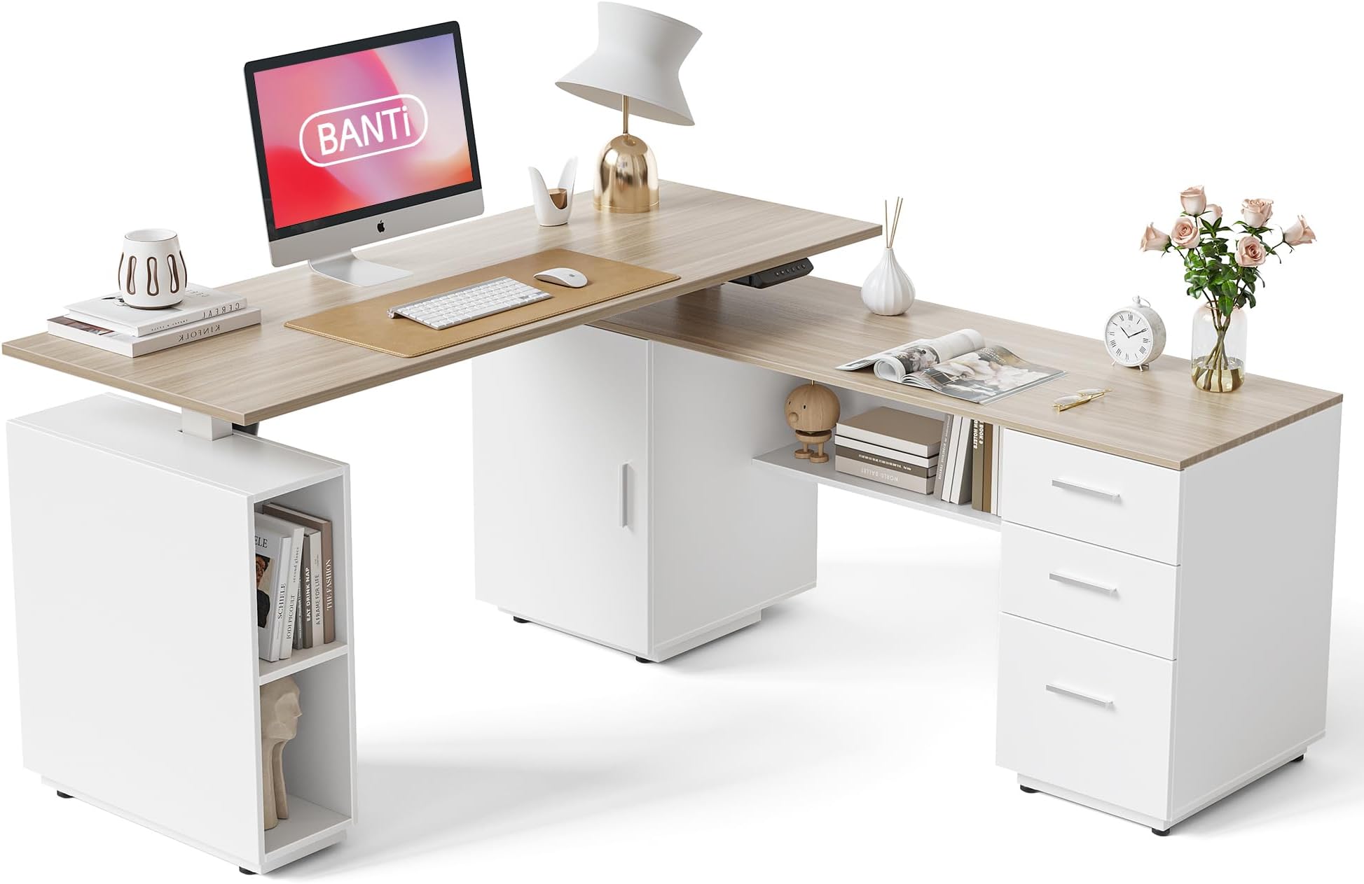 BANTI Executive L Shaped Standing Desk with 3-Drawer File Cabinet, 63" Electric Height Adjustable Stand up Desk for Home Office, Computer Desk with Storage Cabinets, Natural Top
