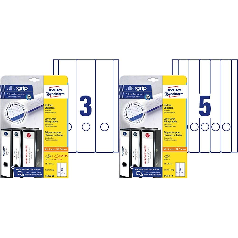 Produktbild von AVERY Zweckform L4758-10 Ordnerrücken Etiketten – 38 X 297 Mm, 10 Blatt A4, Weiß