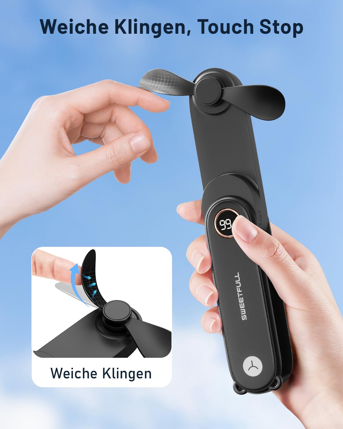 SWEETFULL Przenośny mini wentylator 11,4 cm, cichy, 3 w 1 wentylator ręczny z akumulatorem do ładowania, mały wentylator kieszonkowy z 3 prędkościami, wentylatory USB, składany, do biura, na zewnątrz