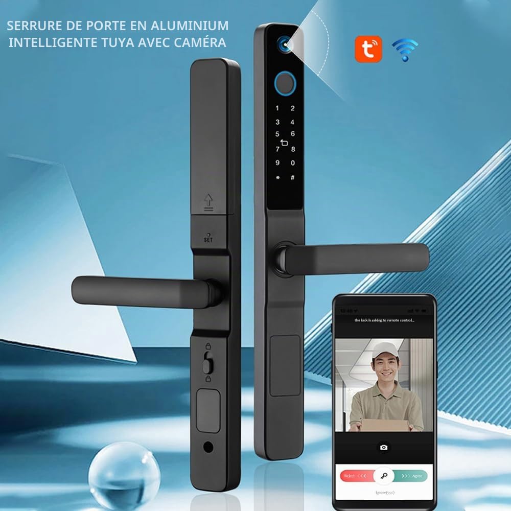 Serrure de porte intelligente avec empreinte digitale, sonnette et caméra, serrure d'entrée sans clé avec poignée, serrure biométrique pour porte