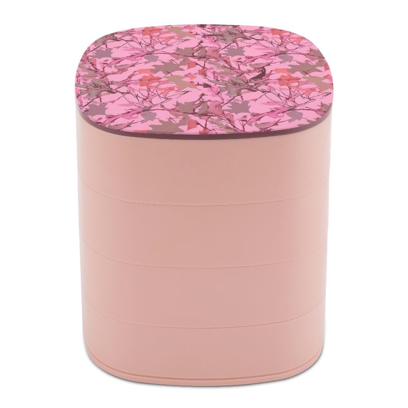 VstaDank Pink Leaves Camo Jewelry Organizer Small Travel Earring Storage Box with Mirror 4-Layer Rotating Travel Jewelry Tray Case with Lid Large Capacity Jewellery Holder Case