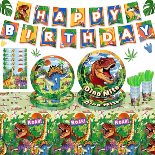 Daidle Birthday Party Supplies Kit for 24 Guests - for Dinosaur Birthday Decorations, with Banner & Tablecloth, Plates, Cups, Napkins and Cutlery, 1st Dinosaur Party Decorations for Kids