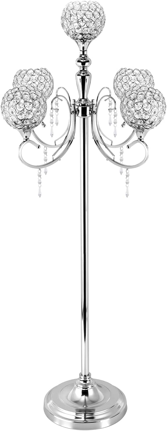 5 Arm Candle Holders Silver Floor Candelabra Wedding Centerpieces, 49 in Tall Candle Holders Wedding Decorations, Crystal Candle Holder for Event, Wedding, Party Decoration