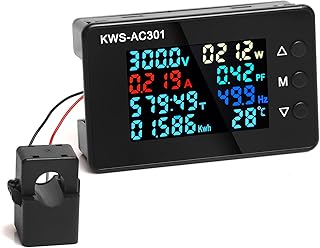 AC Multi-Function Meters,50-300V 100A with Open Transformer 220V Voltage Current Power Electric Energy Monitor, Voltmeter Ampmeter Multimeter LCD Digital Display Volt Amp Watt Detector Reader Panel