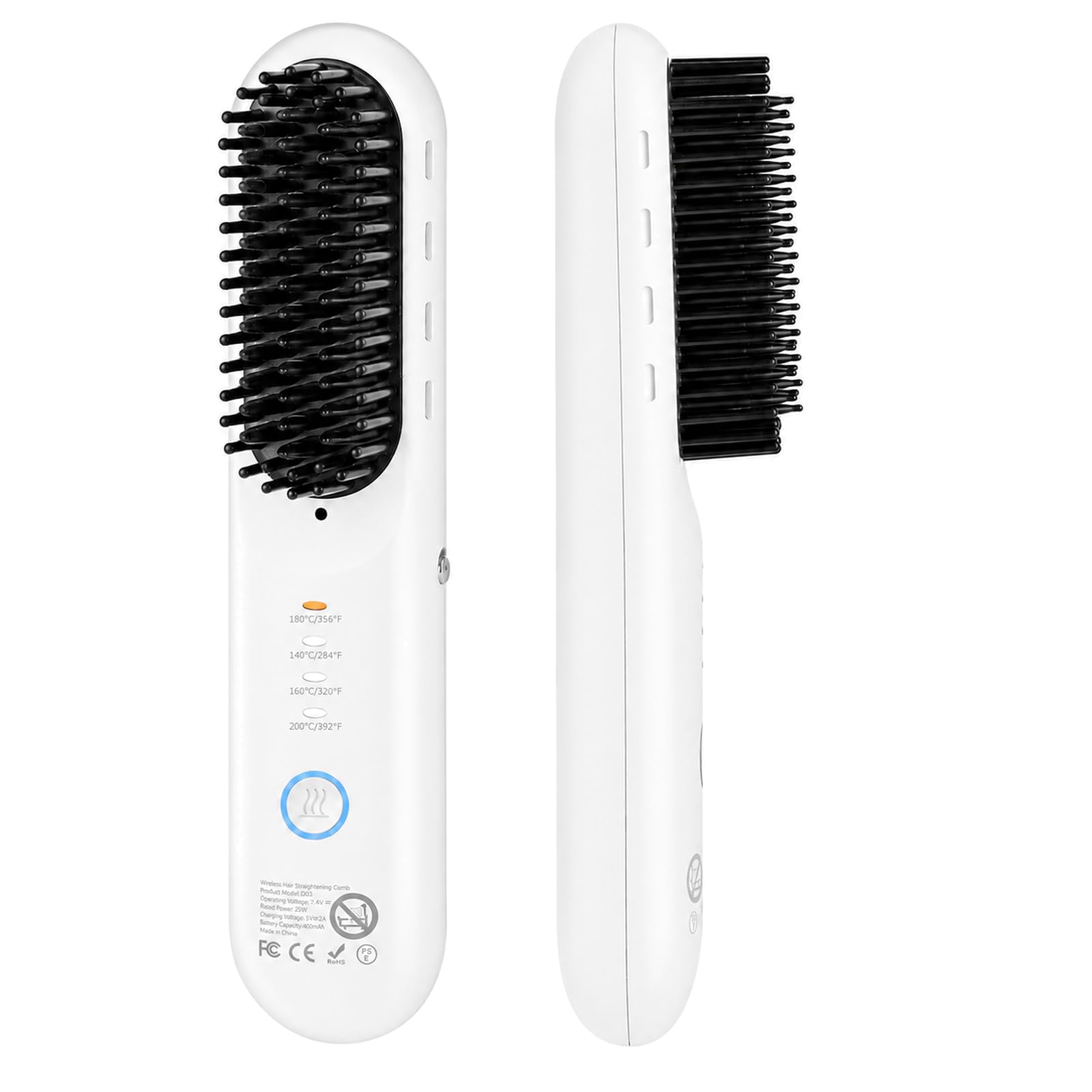Cordless Hair Straightener Brush, Mini Travel Size, 4 Heat Settings (White)