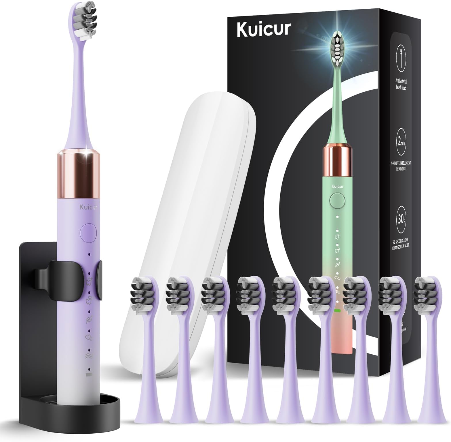 Kuicur Sonic Electric Toothbrush for Adults & Kids, Rechargeable Electric Toothbrush with 10 Brush Heads & Travel Case, Teeth Whitening, Holder, Charge for 120 Days - Purple