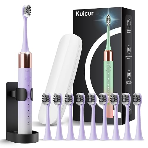 Kuicur Electric Toothbrush for Adults & Kids, Rechargeable Electric Toothbrush with 10 Brush Heads & Travel Case, Teeth Whitening, Holder, Charge for 120 Days - Purple