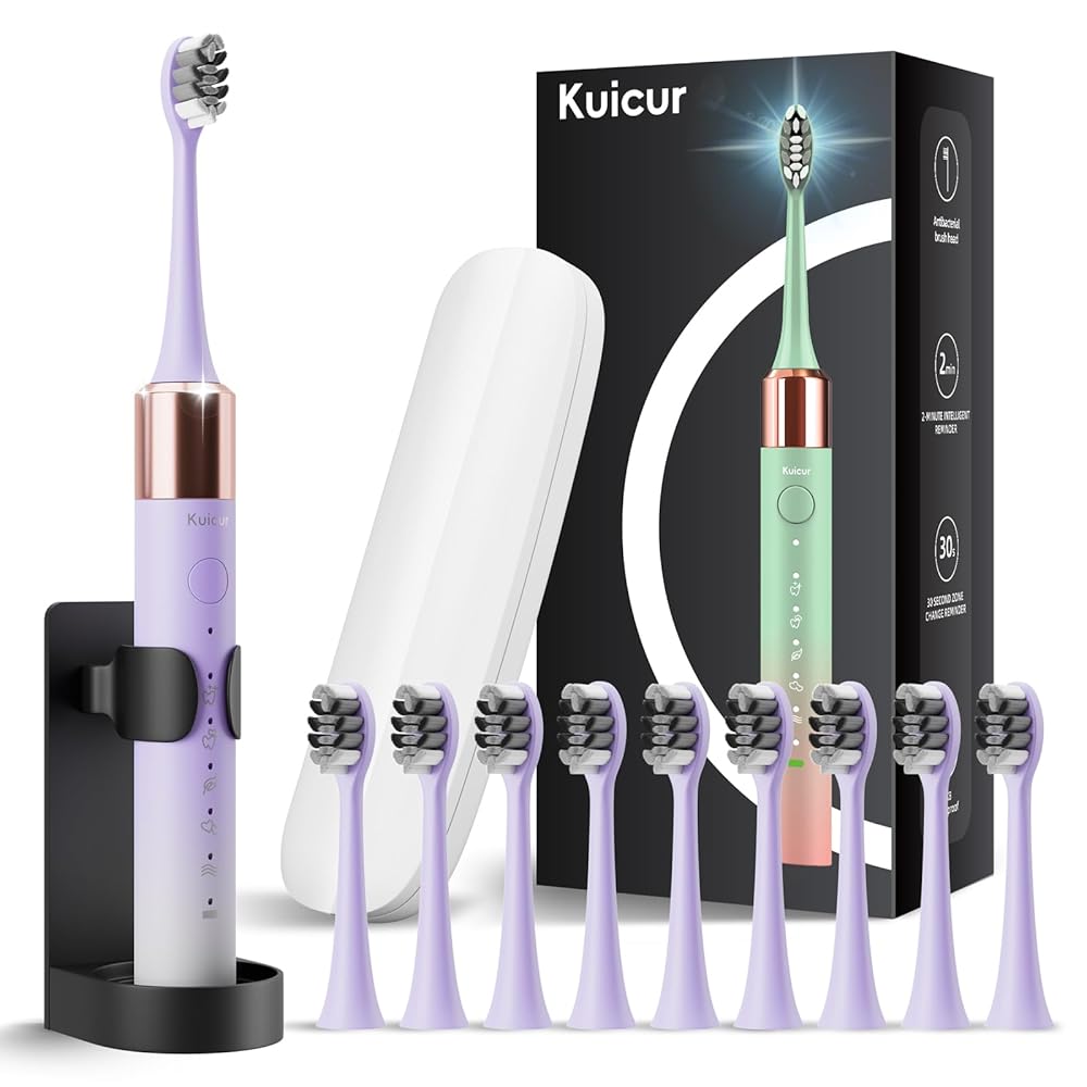 Kuicur Sonic Electric Toothbrush for Adults & Kids, Rechargeable Electric Toothbrush with 10 Brush Heads & Travel Case, Teeth Whitening, Holder, Charge for 120 Days - Purple