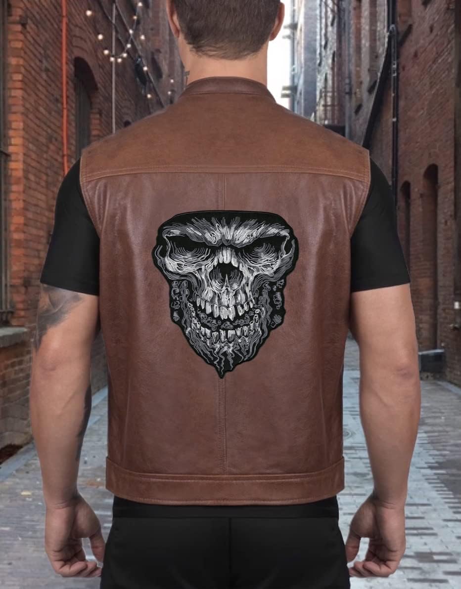 Evil Skull Patch 11" | Wicked Halfskull Realistic Skeleton | Large Embroidered Iron On - by Nixon Thread Co.