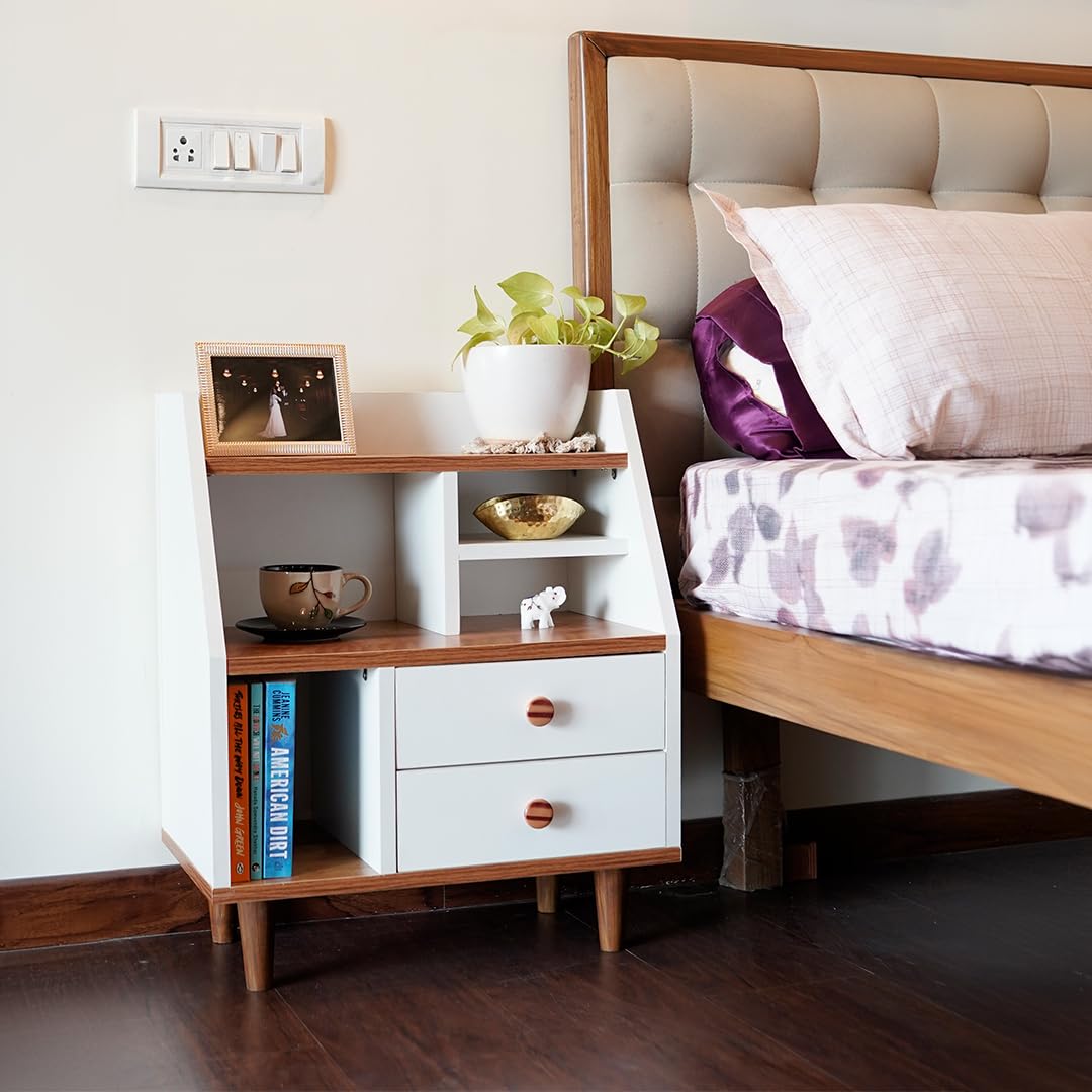 Guarented Nora Bedside | Engineered Wood and Rubber Wood Night Stand with 4 Open Shelves & 2 Drawers for Your Night-time Essentails to be Kept Organised & Handy in Your Bedroom (Light Brown & White)-image-4