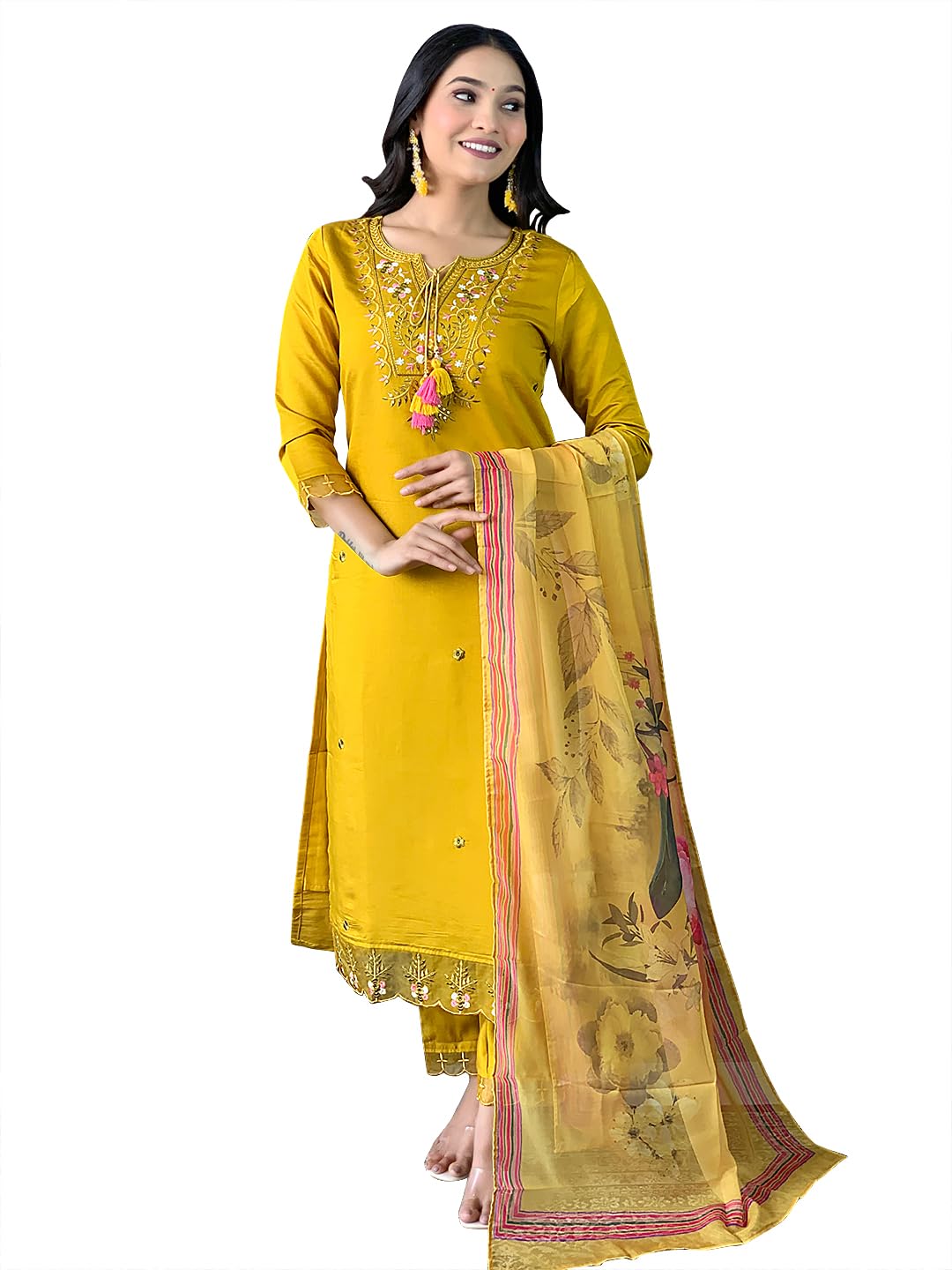 naixa Women's Chanderi with Cotton Lining Embroidered Straight Kurta with Pant and Dupatta Sets (NX-556)-picture-20