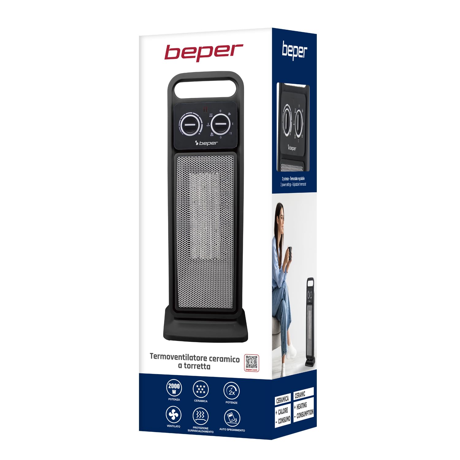 BEPER P203TER002 Termoventilatore Ceramico a Torretta, Stufetta Elettrica 2000W con Oscillazione Automatica, Termostato Regolabile, 2 potenze, Sicuro con Autospegnimento