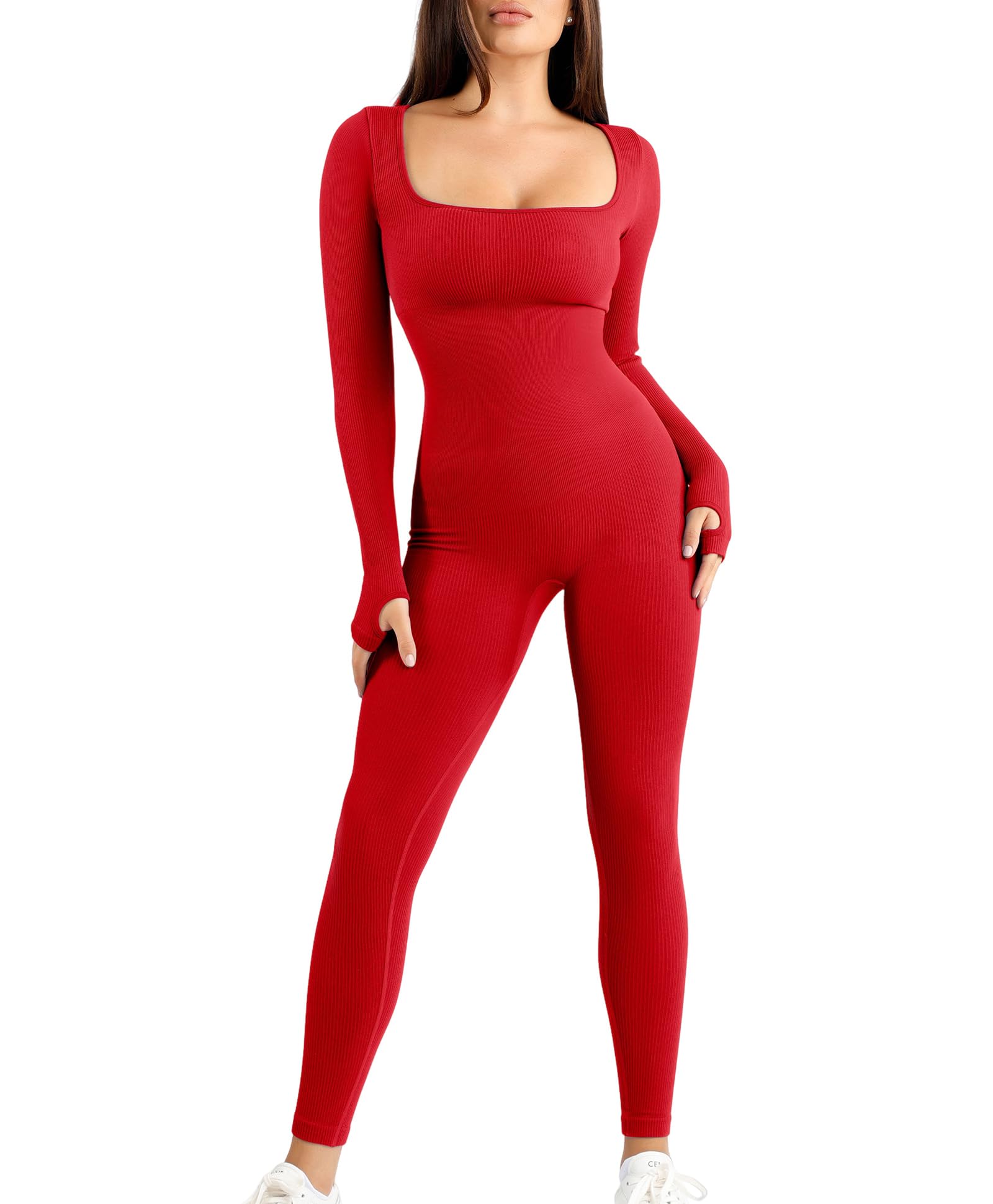 Popilush Jumpsuits for Women Long Sleeve Built-In Bra Square Neck Full Length Leggings Bodycon Stretch Workout Outfits