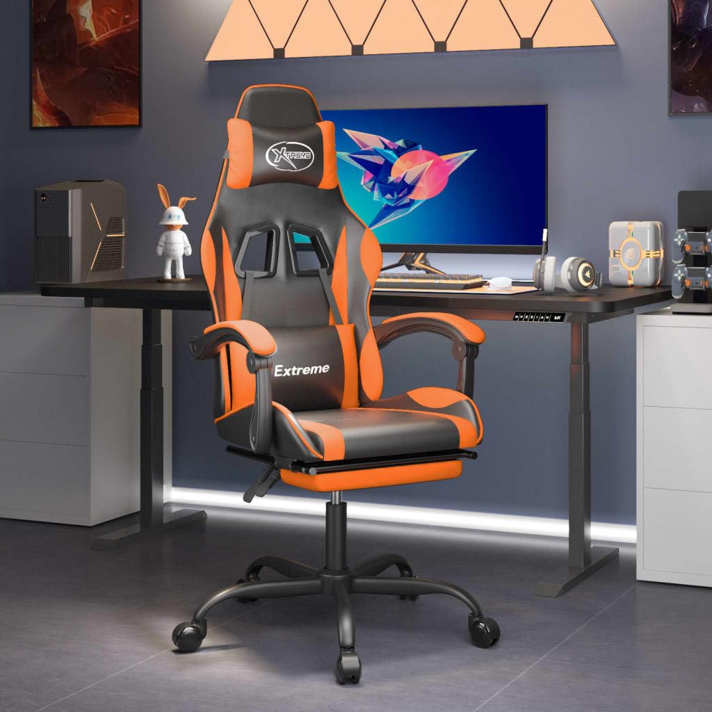 Gaming-Stuhl mit Fußstütze und Rollen, Kunstleder Schwarz Orange, Drehbar mit Höhenverstellung und Wippfunktion, Ergonomischer Bürostuhl für Gamer und Streaming-Sessions