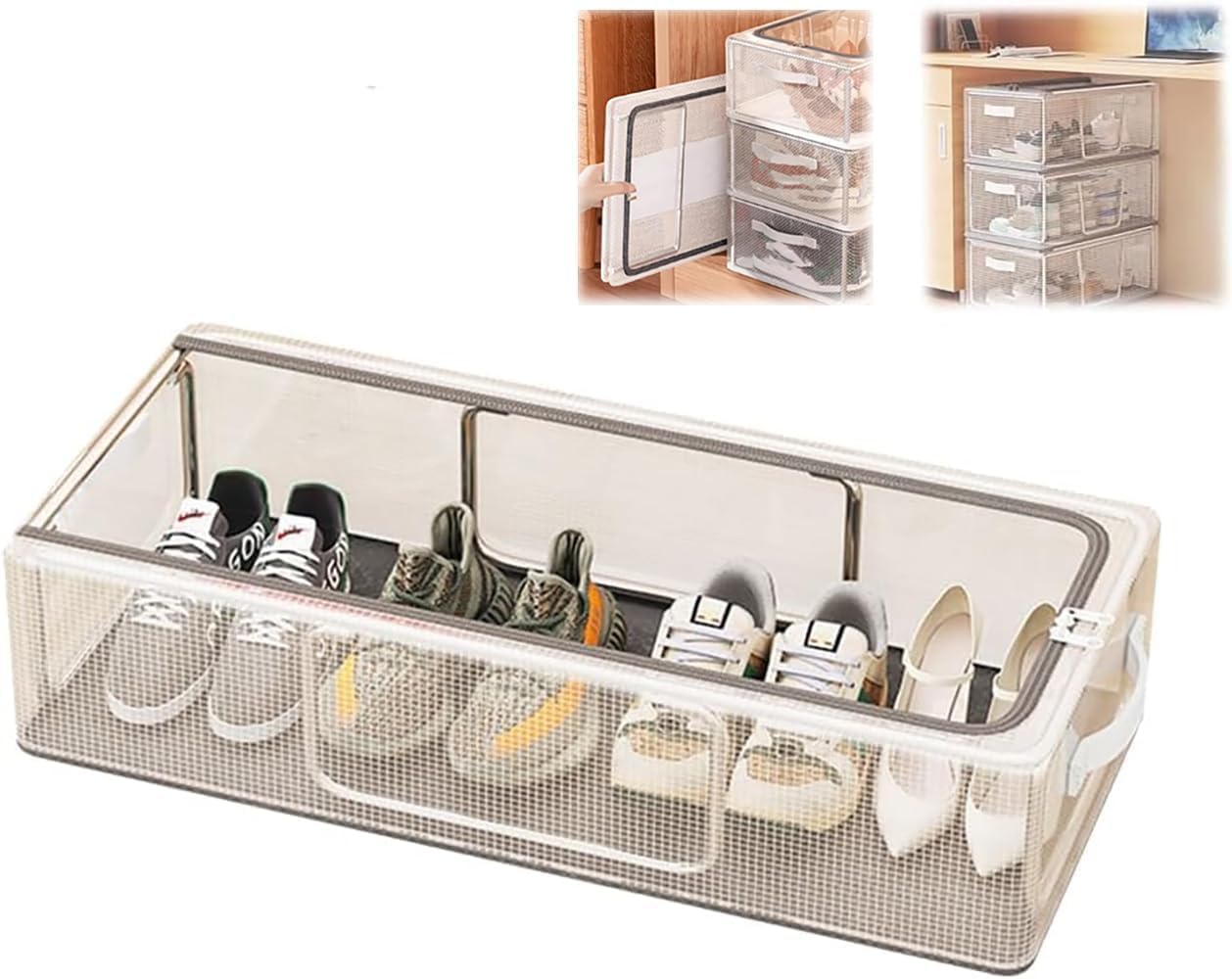 KEPY THE MALL SD Fabric Shoe Storage Bins Under Bed Shoe Storage Organiser Folding Under Bed Shoe Box With Transparent Lid Fits - Underbed Storage Solution