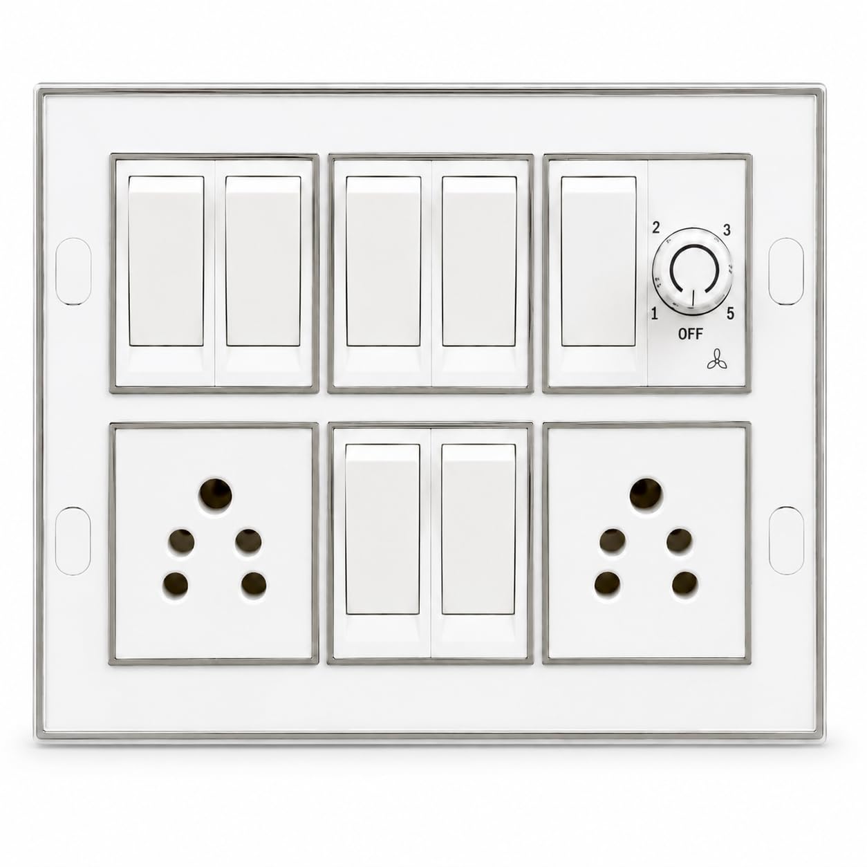 Modular Switch Board with Fan Regulator, 2 Sockets, White | 8 Switches, 5-Speed Regulator, Dual Power Sockets, Silver Border Frame, Wall Mount-image-0