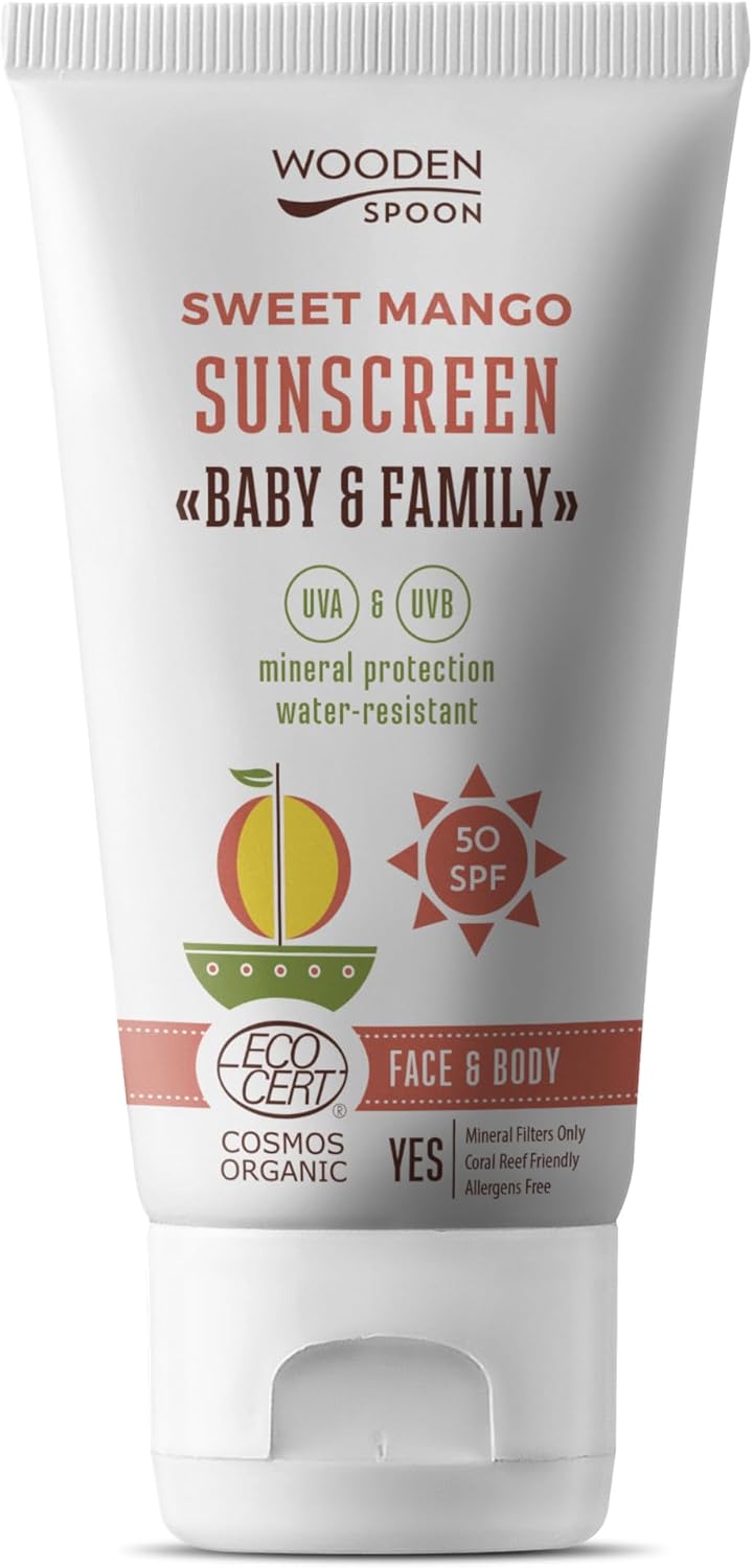 Wooden Spoon Biologische Zonnebrandcrème Baby & Familie “Sweet Mango” SPF 50 – 100% Natuurlijk, Onzichtbare Zink, Geen Witte Waas, Hypoallergeen, Vegan, Waterbestendig – 150 ml