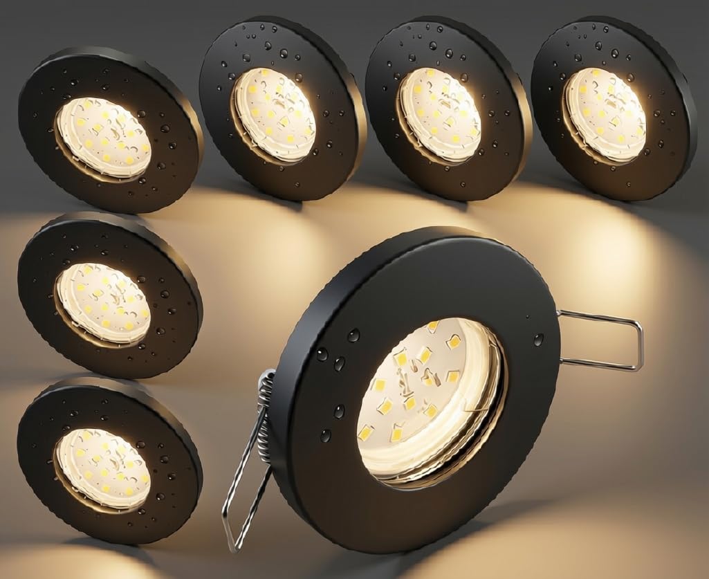 Trango 6er Set IP65 BAD Einbaustrahler 6729IP65-061-5WAK Anthrazit matt inkl. 6x 5 Watt GU10 LED Leuchtmittel 3000K warmweiß & Fassung Außen Einbauleuchte, Badleuchte, Deckenspot Dusche Deckenstrahler