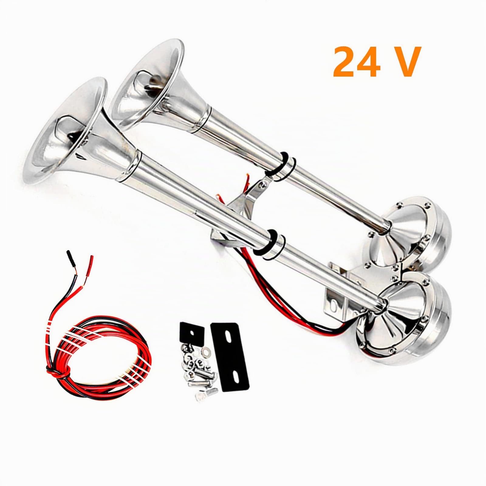 Bocina de coche Bocina de barco 160DB Car Horn inoxidable de doble tubo Bocina eléctrica Bocina de camión plateada 304 Altavoz de coche Bocina de aire adecuada para 24V yate moto RV etc